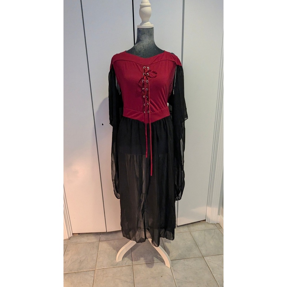 Renaissance Lace Up Midi Dress Red Black Sheer Bell Sleeve Gothic L